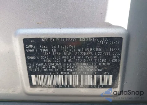 2013 Subaru Outback 2.5I z USA, uszkodzony, nr VIN 4S4BRBAC9D3310733